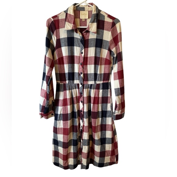 ModCloth Plaid Shirt Dress Medium | Button Front Fit & Flare Pockets Red Blue - Picture 3 of 10